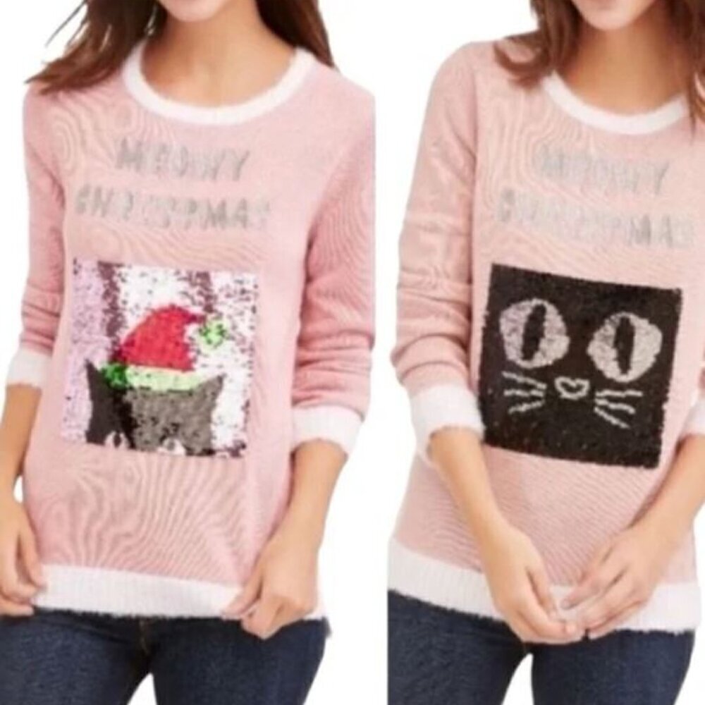 NWT Holiday Time Meowy Christmas Pink Interchangeable Sequin Cat Sweater XL